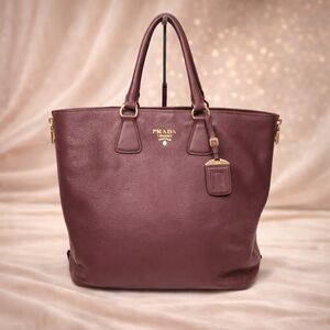 Authentic PRADA Large Pebbled Leather Tote Bag –Burgundy /Wine Red LC300-091225
